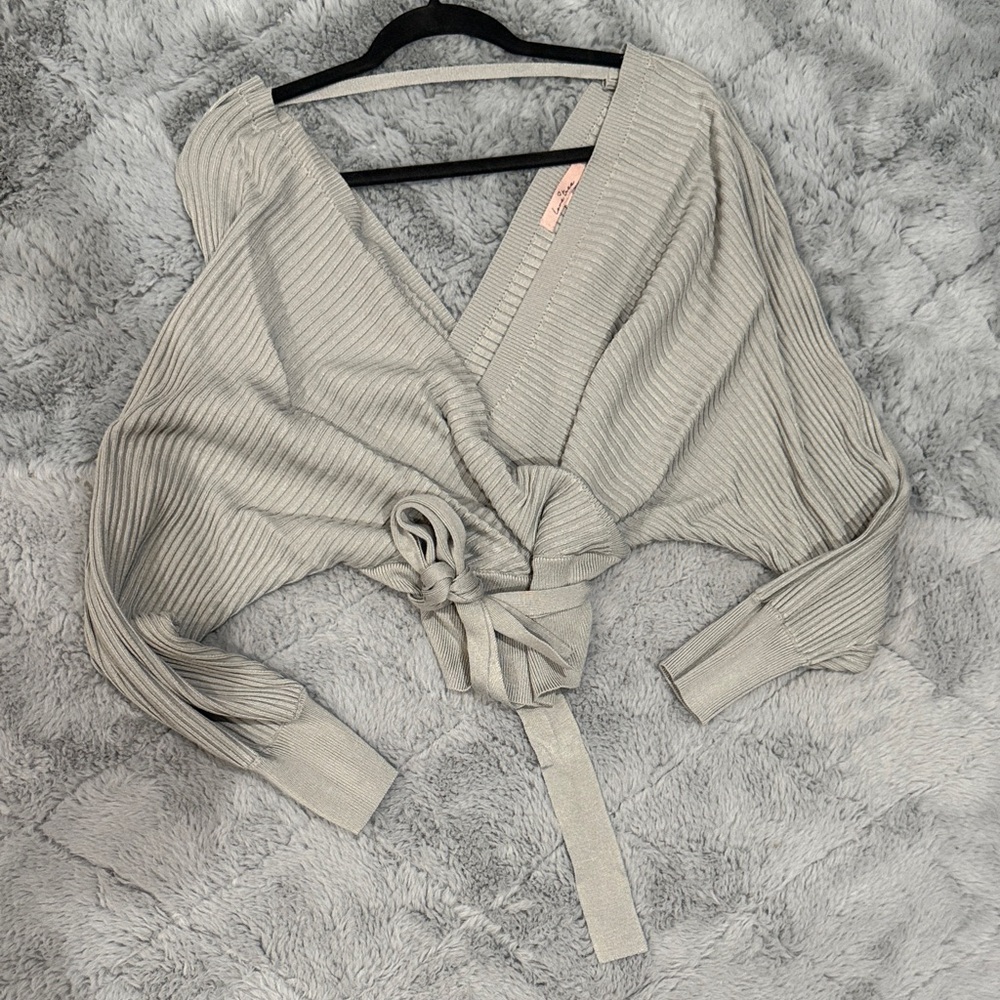 Love Tree Light Gray Ribbed Wrap Blouse
